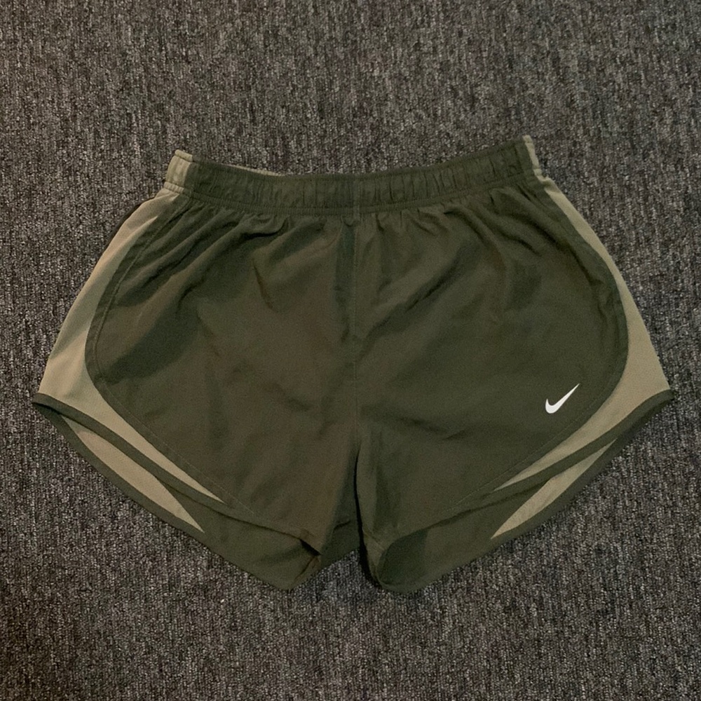 Olive green Nike dri-fit running shorts, medium.